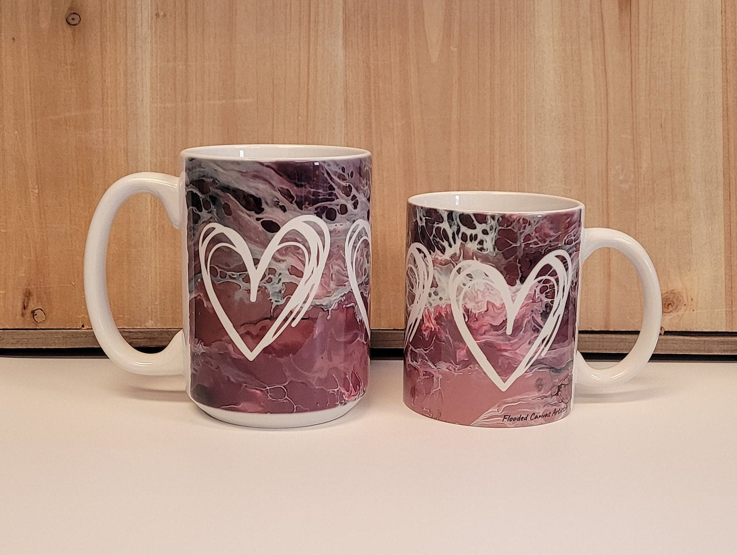 Pink Abstract Art Coffee Mugs with Hearts