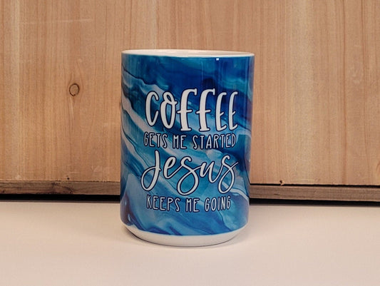 Coffee Gets Me Started Jesus Keeps Me Going Christian Coffee Mug with Abstract Art