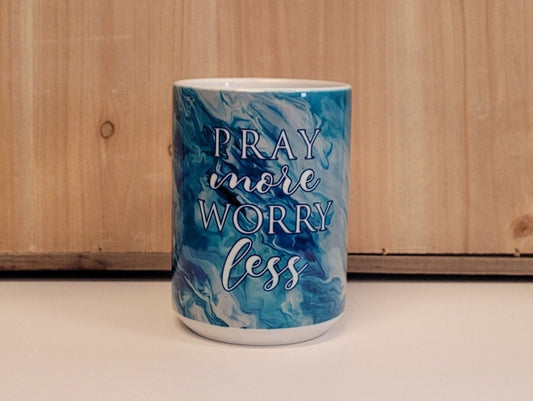 Pray More Worry Less Christian Coffee Mug with Abstract Art