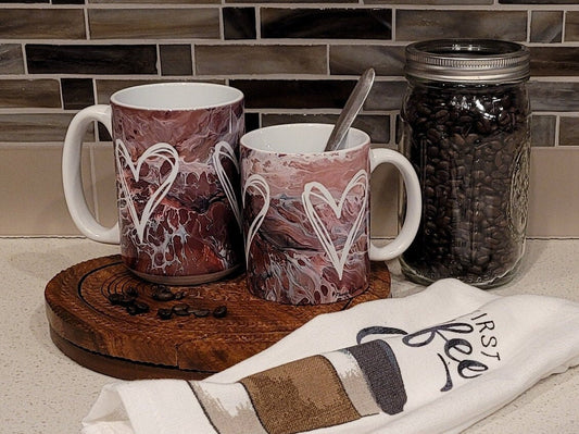Pink Abstract Art Coffee Mugs with Hearts
